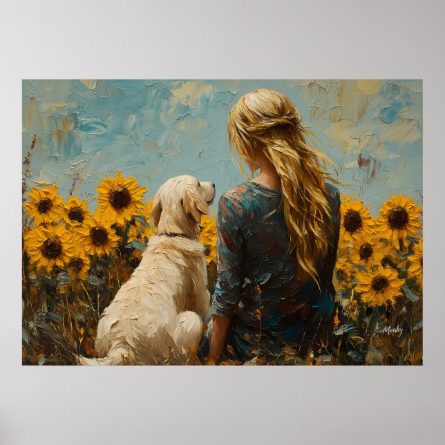 Kvinna och hund med solrosor - Oljemålning Poster (Framsidan)