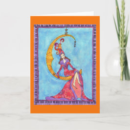 Kvinna och katt i växande månehälsningkort kort