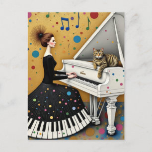 Kvinna och katt vid piano Surrealistisk Vykort