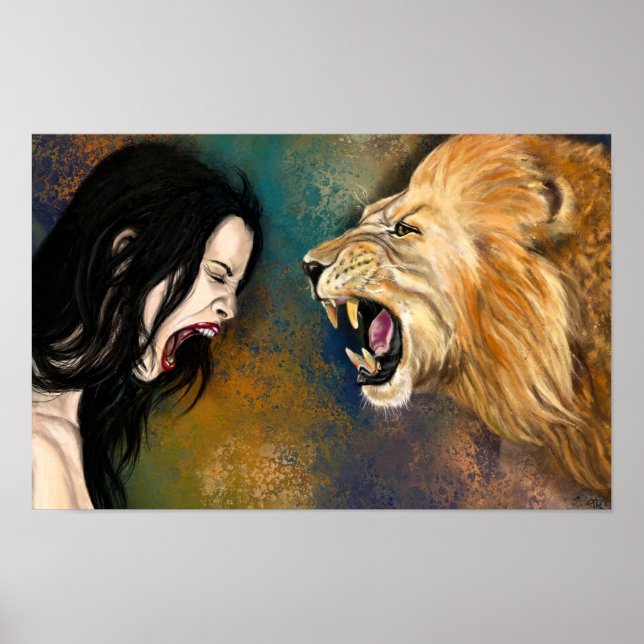 Kvinna och Lejon Skrik Poster - Målning (Framsidan)