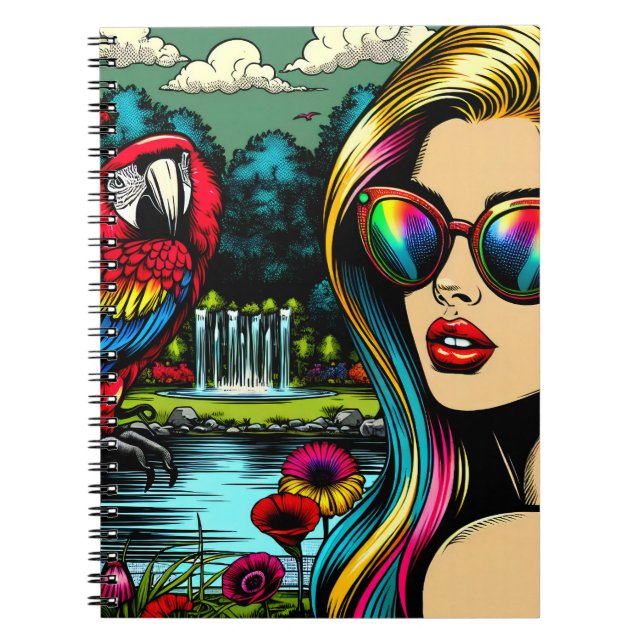 Kvinna och papegoja i parken Pop Art Anteckningsbok (Framsidan)