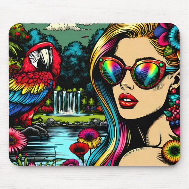 Kvinna och papegoja i Parken Pop Art Musmatta (Framsidan)