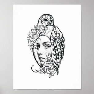 Kvinna och papegoja konsttryck av Storey Art Poster