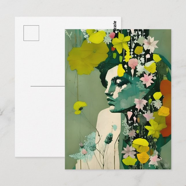 Kvinna och rosa och gula blommor collage vykort (Fram/baksida)