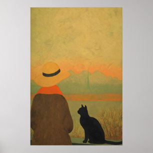 Kvinna och svart katt Giclée Print Lugn minimalist Poster