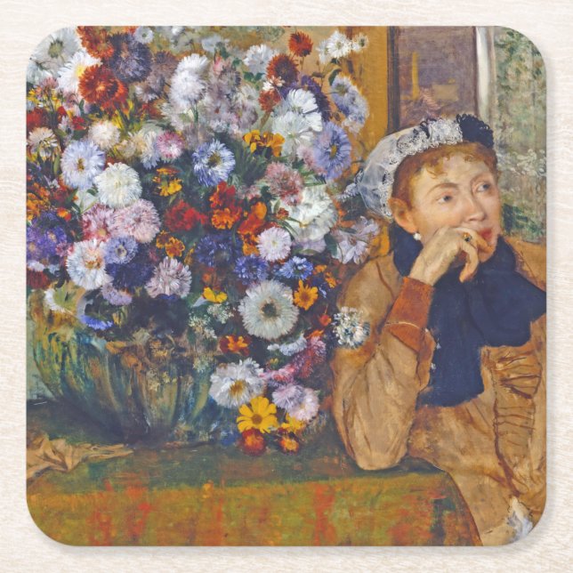 Kvinna och Vas i Blommor, Edgar Degas Underlägg Papper Kvadrat (Framsidan)