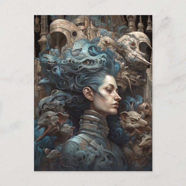 Kvinna omgiven av monster, vykort för konst (Framsida)