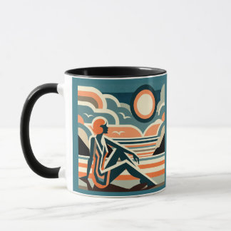 Kvinna på båge vid Sunset Art Deco Design Mugg