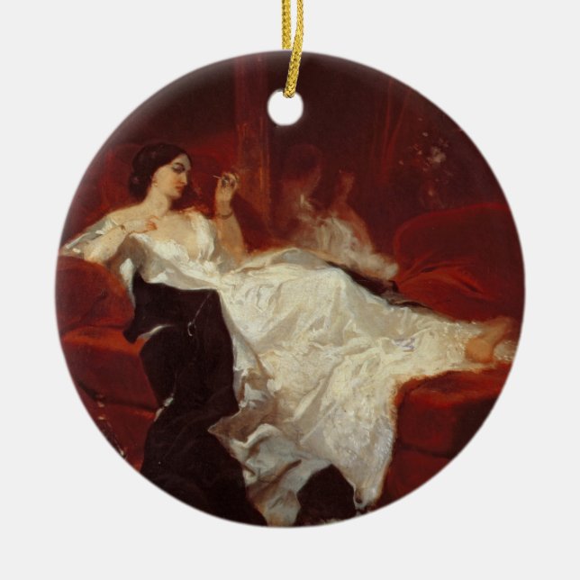 Kvinna på en röd soffa julgransprydnad keramik (Framsidan)