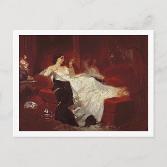 Kvinna på en röd soffa vykort (Framsida)