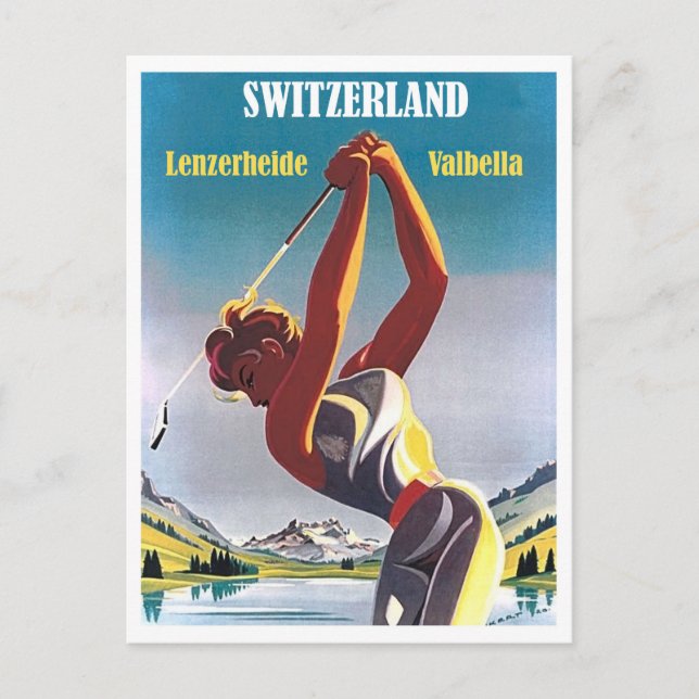 Kvinna på golf i Schweiz, Lenzerheide,Valbella Vykort (Framsida)