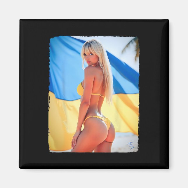 Kvinna på t-shirt - Blond bikini och Ukraina Magnet (Framsidan)