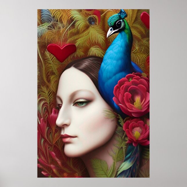 Kvinna, Peacock, Röda blommor och hjärta Poster (Framsidan)