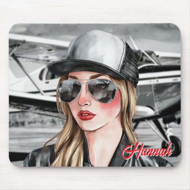 Kvinna Pilot & Solglasögon Cessna Flygplan Jul Musmatta (Framsidan)