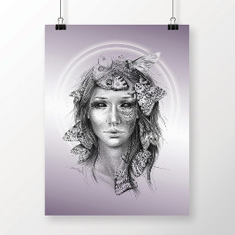 Kvinna porträtt med månghundraktig konst av penna poster
