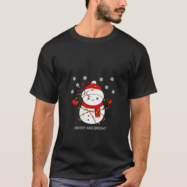 Kvinna Red Mitten Snögubbe Merry och Bright Messy  T Shirt (Framsida)