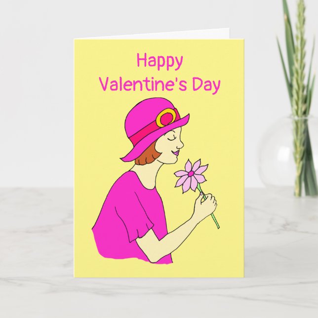 Kvinna Rosa Hatt Alla Hjärtans Dag Kort (Framsida)
