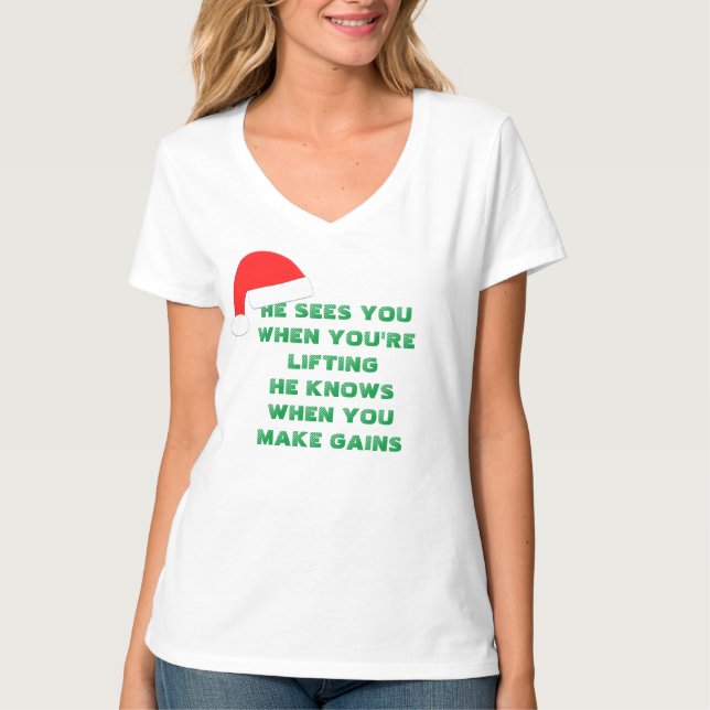 Kvinna Santas v-nacke för vit för affärsvinster Tee Shirt (Framsida)