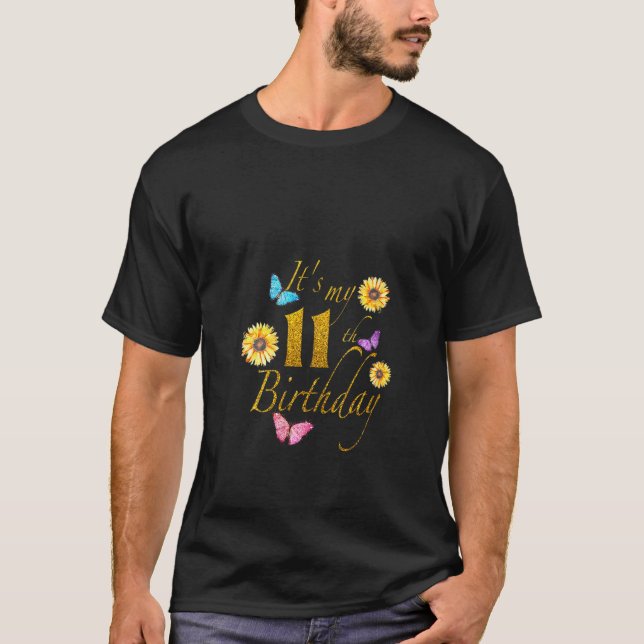 Kvinna Solrosfjäril Lycklig vid min elfte födelse T Shirt (Framsida)