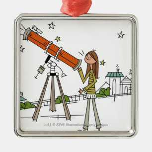 Kvinna som använder ett astronomiteleskop julgransprydnad metall