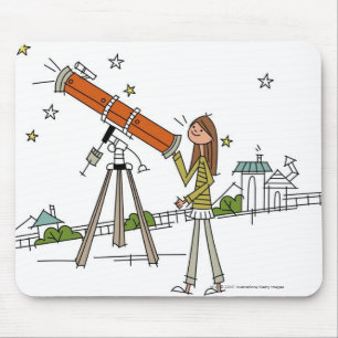 Kvinna som använder ett astronomiteleskop musmatta