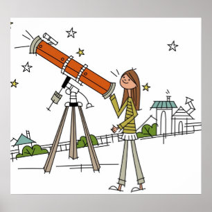 Kvinna som använder ett astronomiteleskop poster