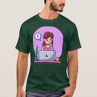 Kvinna som arbetar med bärbara datorer i förvirrad t shirt