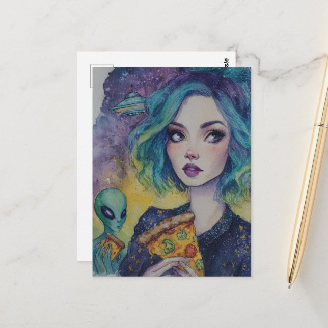 Kvinna som äter pizza med en främmande kropp vykort (Fram/Back In Situ)