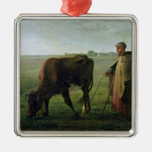 Kvinna som betar henne ko, 1858 julgransprydnad metall
