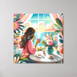 kvinna som dricker kaffe canvastryck