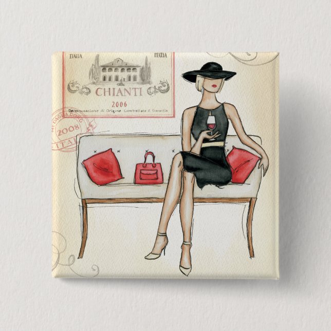 Kvinna som dricker rött vin knapp (Framsida)