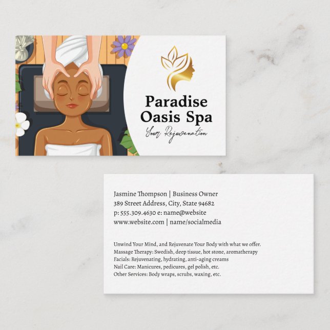 Kvinna som får spa ansiktsbehandling och massage visitkort (Fram/baksida)