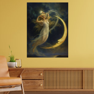 Kvinna som flyger vid en halvmåne ansikte poster