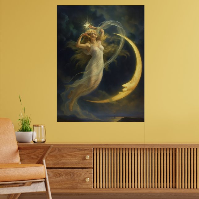 Kvinna som flyger vid en halvmåne ansikte poster (Vardagsrum 2)