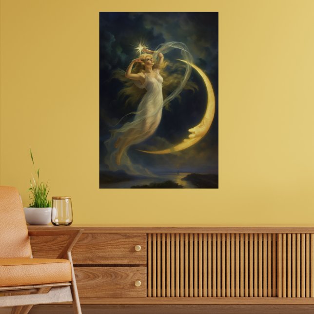 Kvinna som flyger vid en halvmåne poster (Vardagsrum 2)