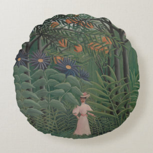 Kvinna som går i en exotisk skog, Henri Rousseau Rund Kudde