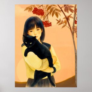 Kvinna som håller en svart katt på hösten poster