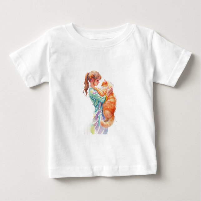Kvinna som håller fluffig orange Maine Coon-katt T Shirt (Framsida)