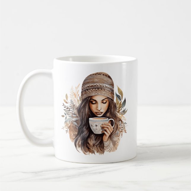 Kvinna som håller kaffekopp Illustration mysig vin (Vänster)