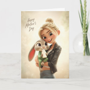 Kvinna som håller kaninbaby i grönt på mors dag kort