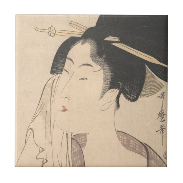 Kvinna som kopplar av efter henne badet kakelplatta (Framsidan)