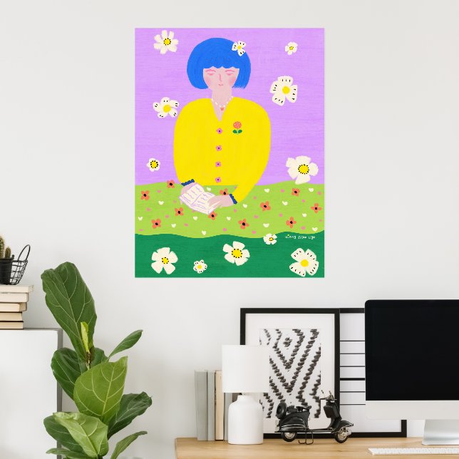 Kvinna som läser i trädgården poster (Hemmakontoret)