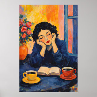 Kvinna som läser kaffeafton, vintage- impressionis poster