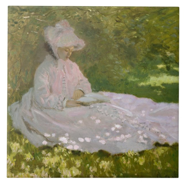 Kvinna som läser Vår Monet Kakelplatta (Framsidan)