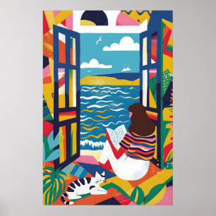 Kvinna som läser vid havet Konsttryck Färgglad kat Poster