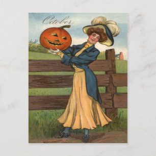 Kvinna som ler Jack O' Lantern Pumpa Farm Vykort