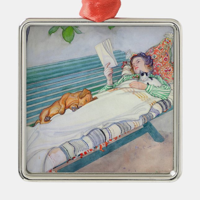 Kvinna som ljuger på en ta av planet, 1913 julgransprydnad metall (Framsidan)