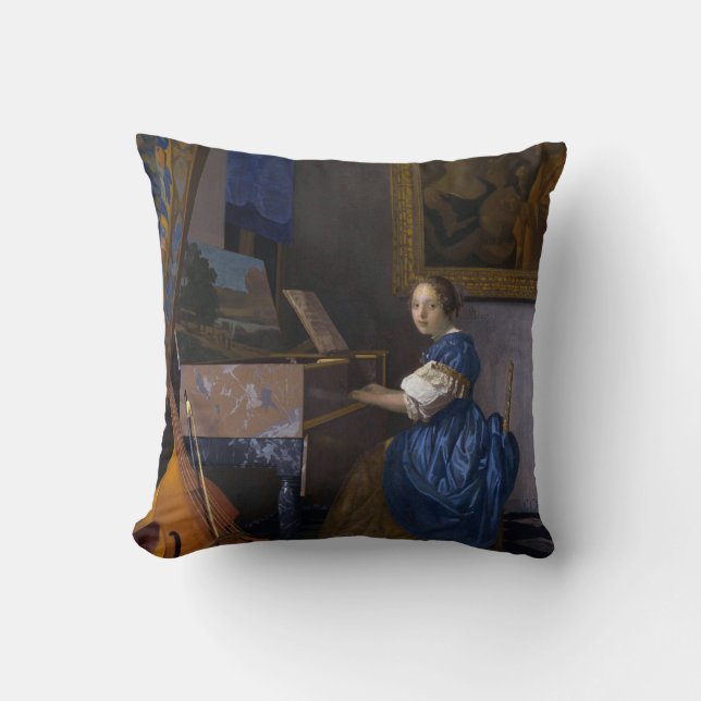Kvinna som placeras på en Virginal Vermeer Kudde (Framsida)