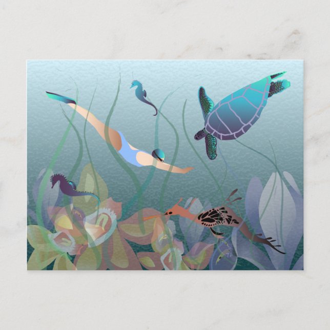 Kvinna som simmar under vatten med sköldpadda vykort (Framsida)