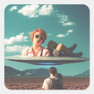 Kvinna som slappnar av på UFO i öken Fyrkantigt Klistermärke
